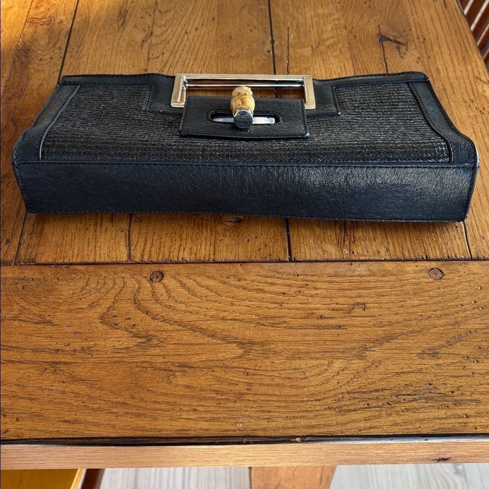 The Limited Black Leather and Woven Clutch Silver Tone Handle Toggle Close Bag - Picture 3 of 11
